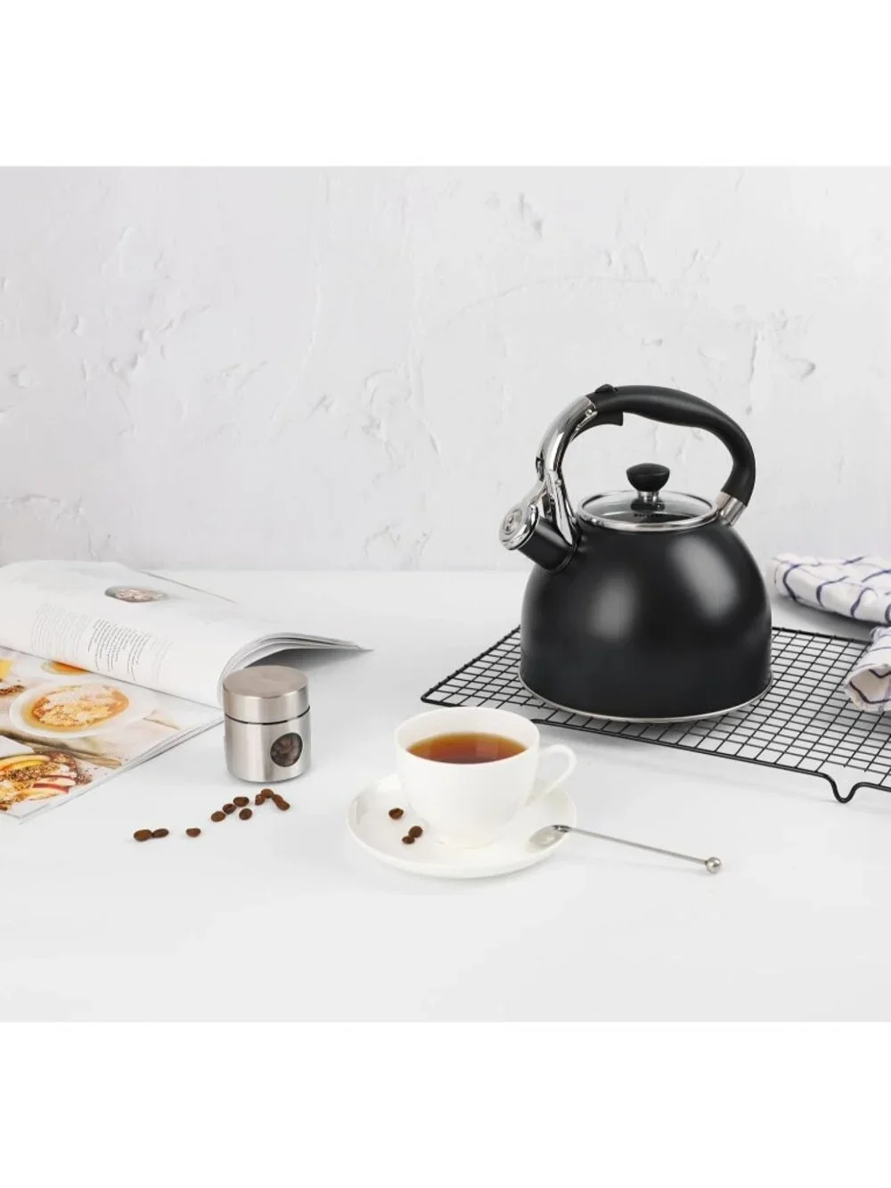 Black Stainless Steel Kitchen Whistling Stove Top Tea Kettle 2.5 Quart Glass Lid